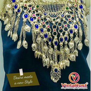 Gypsy Silver Kuchi Massive Choker Necklace With Blue Glass Stones,